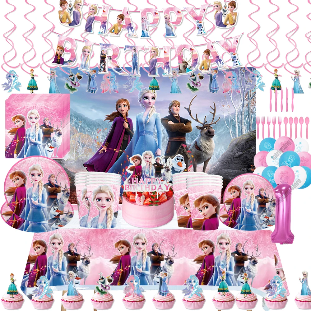 

Frozen Elsa Anna Birthday Party Decorations Supplies Girls Baby Shower Pink Cups Plates Napkins Banner Backdrop Serves10