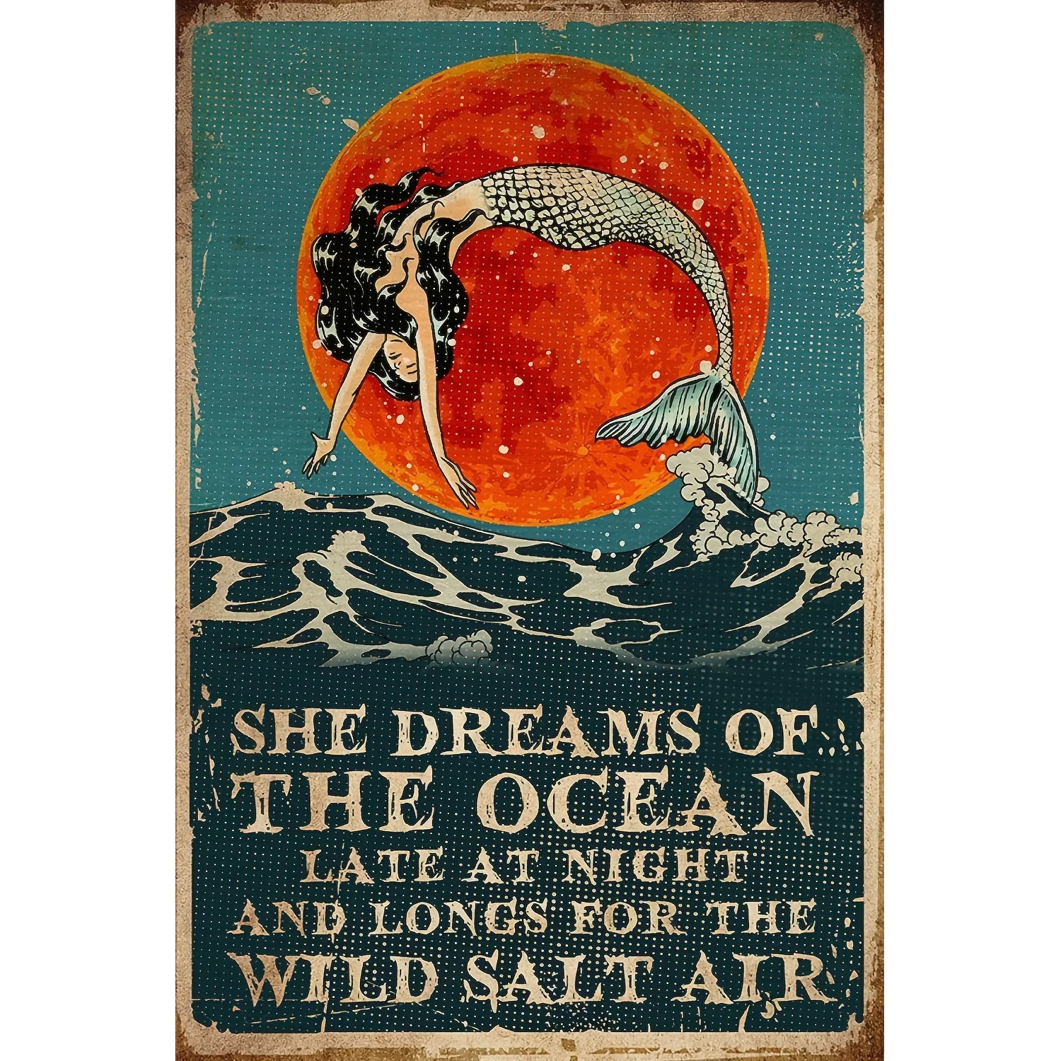 

Vintage Tin Sign Mermaid She Dreams Of The Ocean Lover Girl Ocean Wave Aluminum Sign Wall Art Decor Metal Sign Public