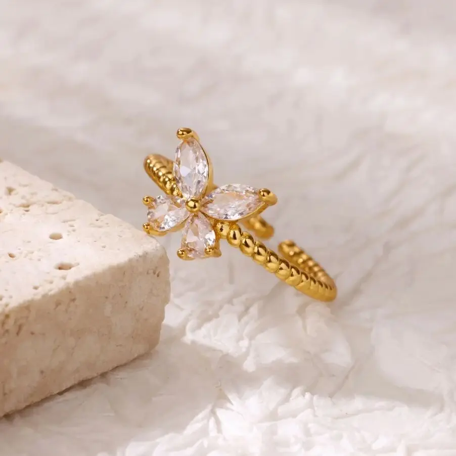 Zircon Butterfly Rings for Women Stainless Steel Adjustable Shiny Butterfly Ring