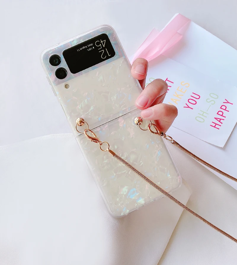 Crossbody Lanyard Necklace Gold Metal Chain Case for Samsung Galaxy Z Flip 3 5G Z Flip3 Zflip4 Marble Shell Shockproof Cover galaxy z flip3 5g case