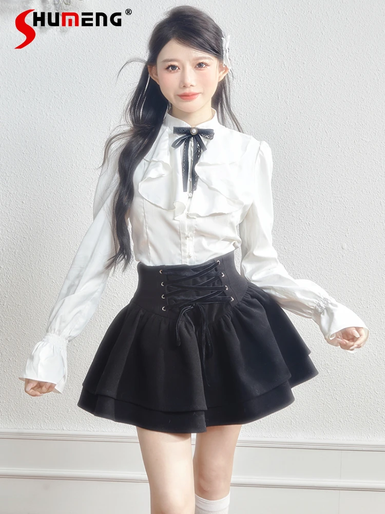 Elegant Women's Long Sleeve Ruffles Bow White Shirt Ladies 2023 Autumn New Japanese Woman High Waisted Bandage Black Short Skirt 2022 summer women s casual fashionraglan sleeve tie dye top pants two piece camo pants leopard print tow piece set ladies suit