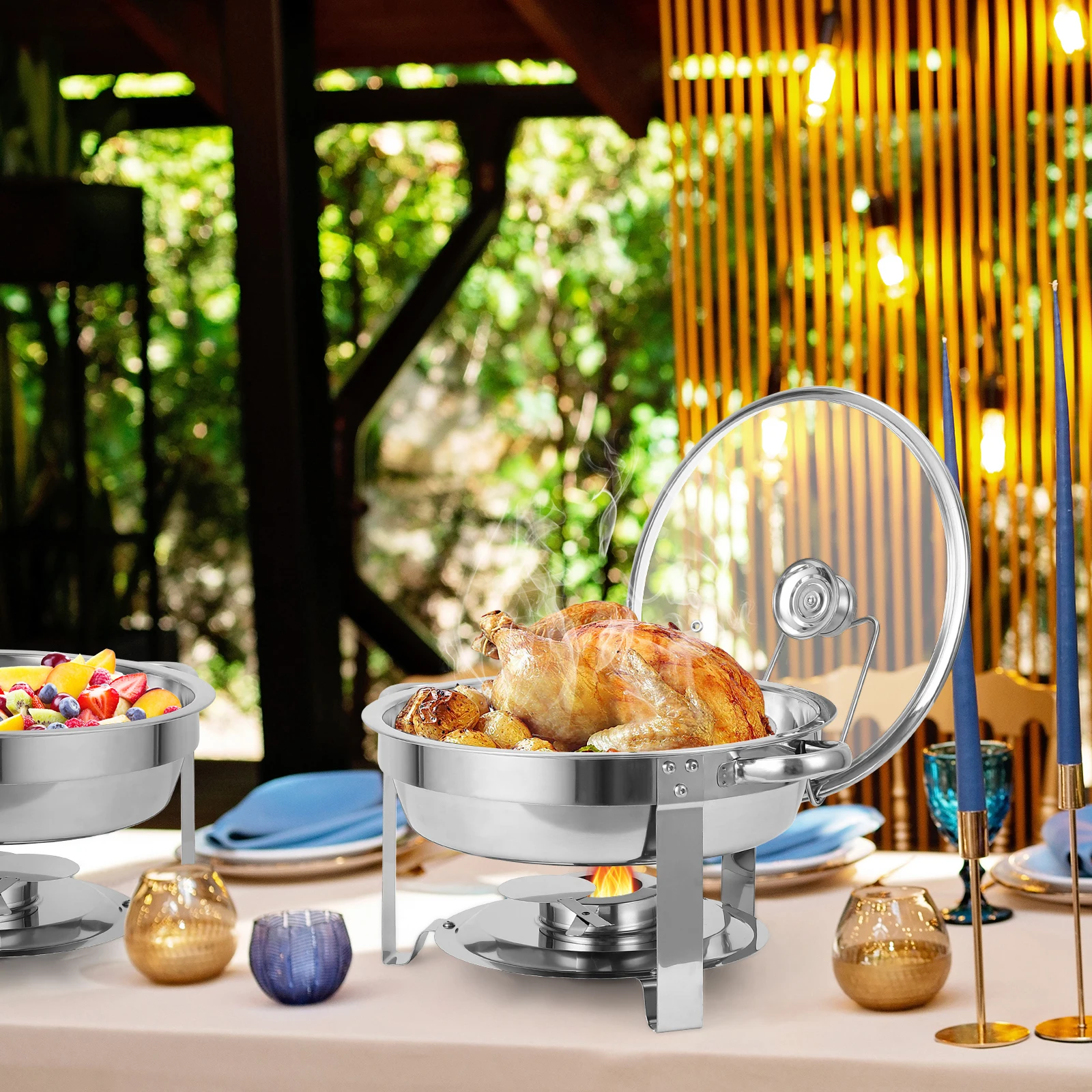 2 Pack Chafing Dish Buffet Set, 5QT Stainless Steel Chafer for Catering, Round Buffet Warmer Server with Glass Lid Water Pan Lid