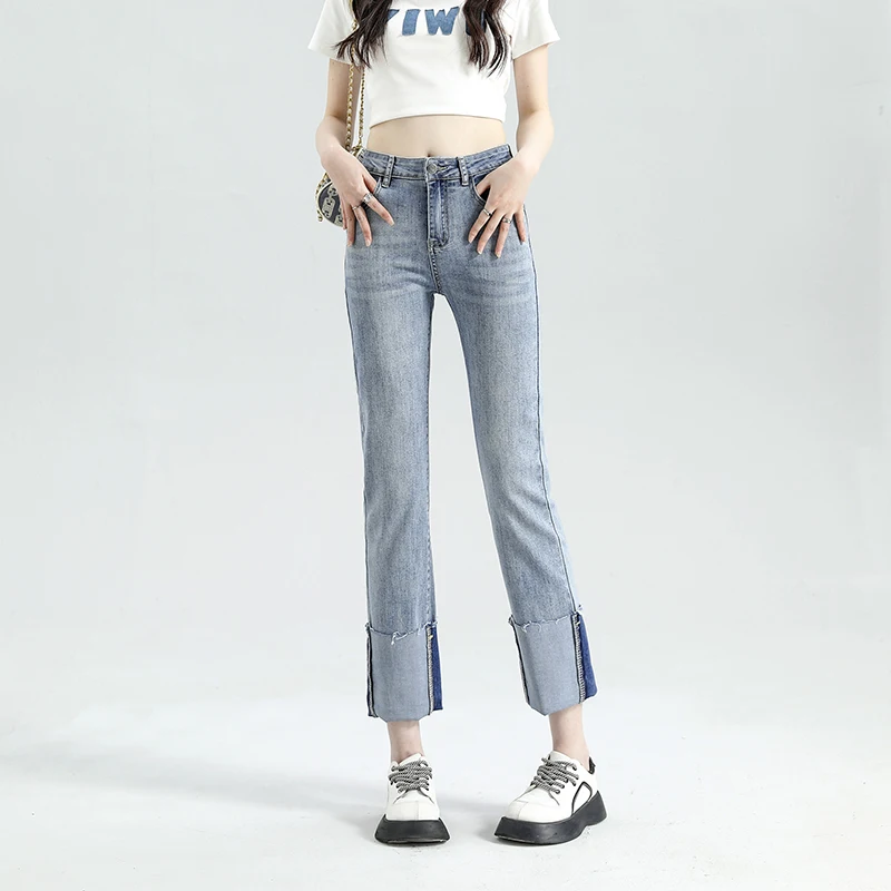 

2023 Spring Summer New Stitching Jeans Women's Fashion Straight Elastic Slim Ankle Length Simple Female Blue Denim Pants