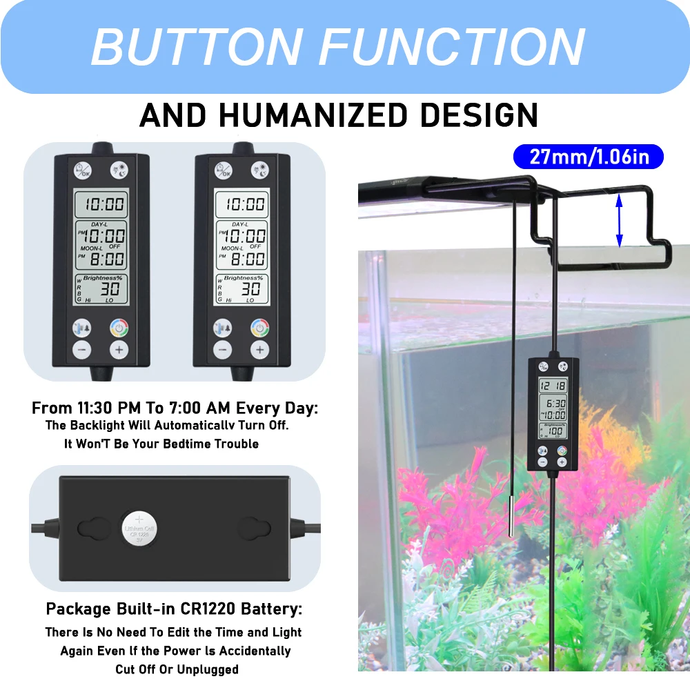 30-60cm Aquarium 24/7 Full Spectrum Lighting LED Light With Thermometer And Memory Function Fish Tank  Plant Lamp IP68 100V-240V