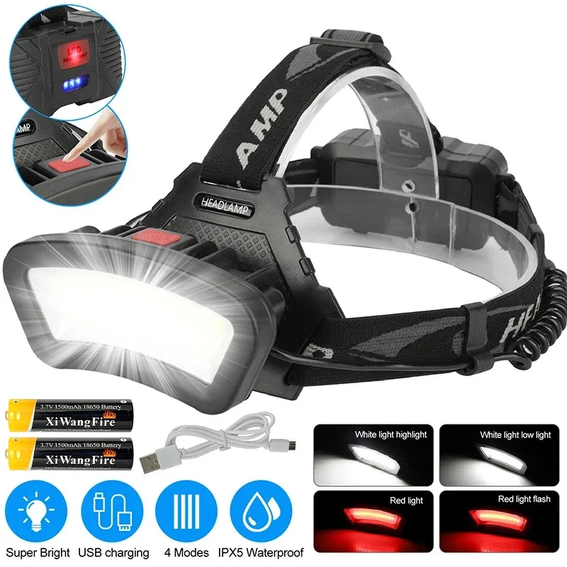 Lampe frontale COB LED puissante 4 modes - Rechargeable USB pour pêche et camping nocturne