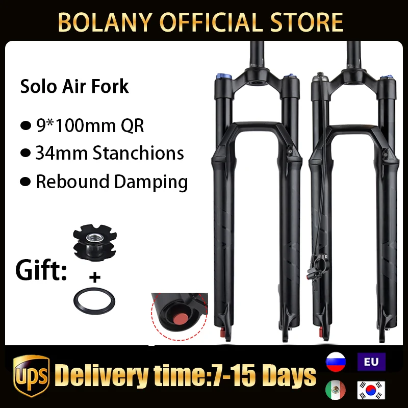 BOLANY Bike Fork Solo Air with Rebound Damping MTB Front Suspension 34MM 27.5/29er Straight/Tapered RL/LO Bicycle QuickRelease | Спорт и