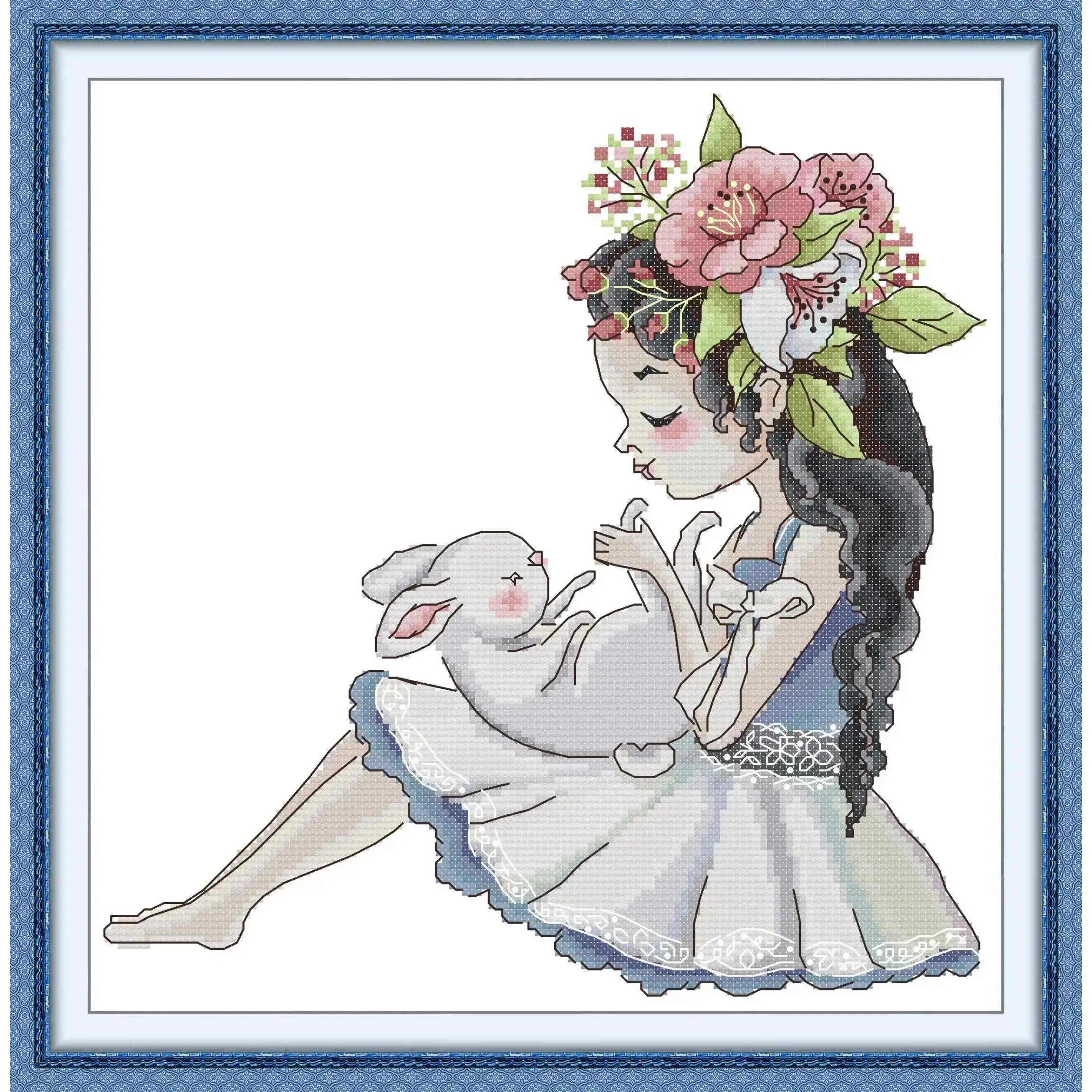 Pre-printed Cross Stitch Kit Easy Pattern Aida Stamped Fabric Embroidery Set-Girl With Bunny