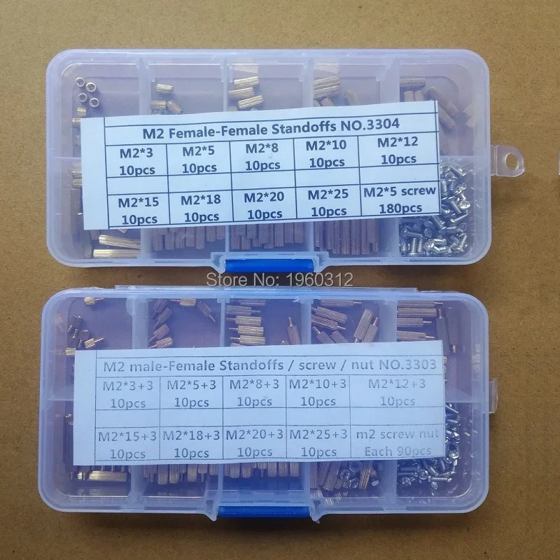 270Pcs/Set M2 3-25mm Male to Female / Female to Round knurled Brass PCB Standoff Spacer Screw Nut Assortment Kit box