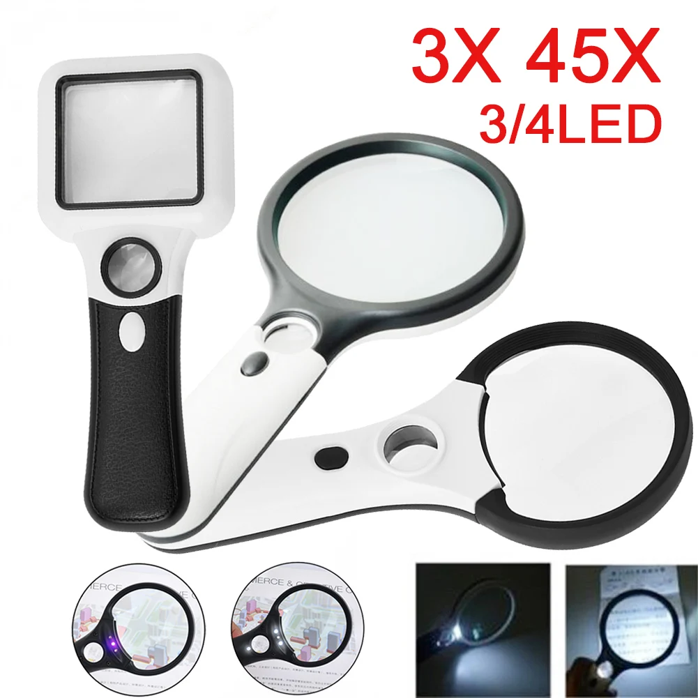 렌즈 돋보기 3/4 LED 라이트 3X 45X 핸드 헬드 독서 돋보기 렌즈 쥬얼리 시계 루페 독서 렌즈 확대 보조 