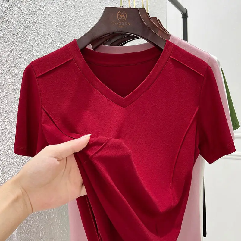 

2023 V-Neck Woman T-shirt Loose Korean Style Women Shirts Cotton TShirt Woman Summer Fashion Short Sleeve Shirt Female Tops A764