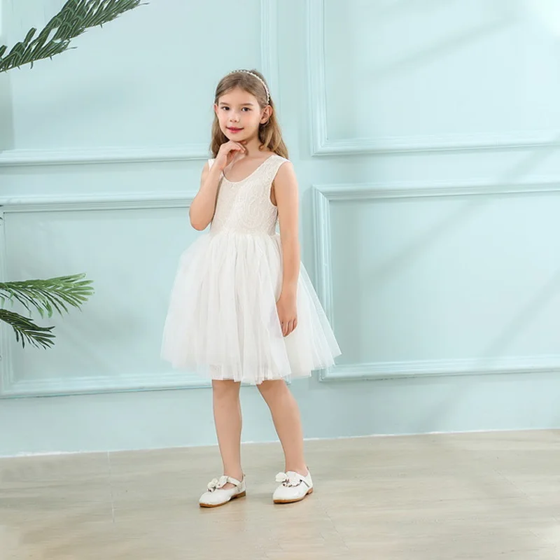 New Summer Party Dresses for Kids Girl White Beige Pink