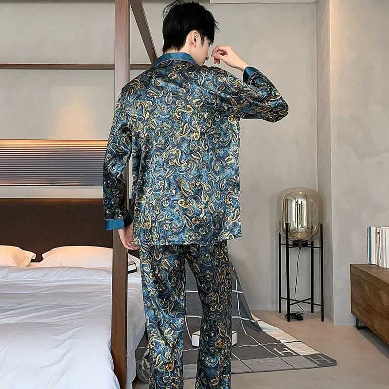 Mens Stain Silk Pajama Sets Long Sleeve Short Sleeve Shorts Men Pijama Printed Pajamas Men Sleepwear Thin Silk Pajama For