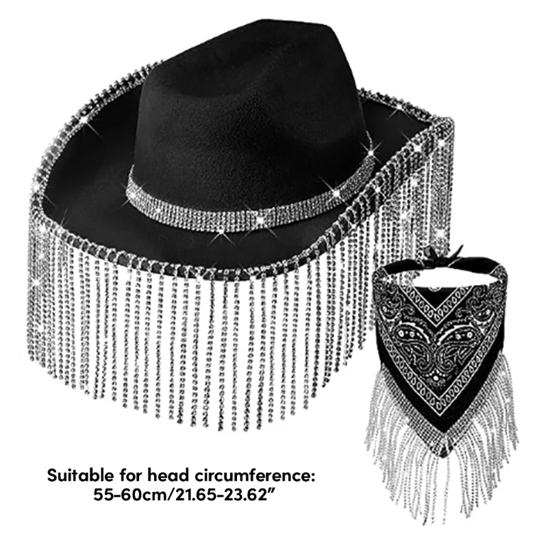 Womens Fringed Bandana Cowgirl Rhinestones Tassels Bandana & Weatern Cowboy Hat for Disco Party Music Festival
