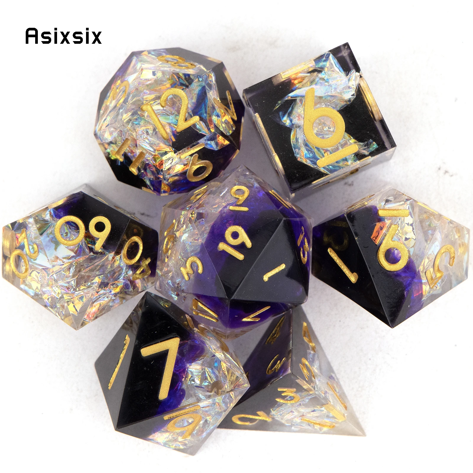 

7 Pcs Purple White Golden Number Sharp Edge Resin Dice Polyhedral Dice Suitable for Role-Playing RPG Board Game