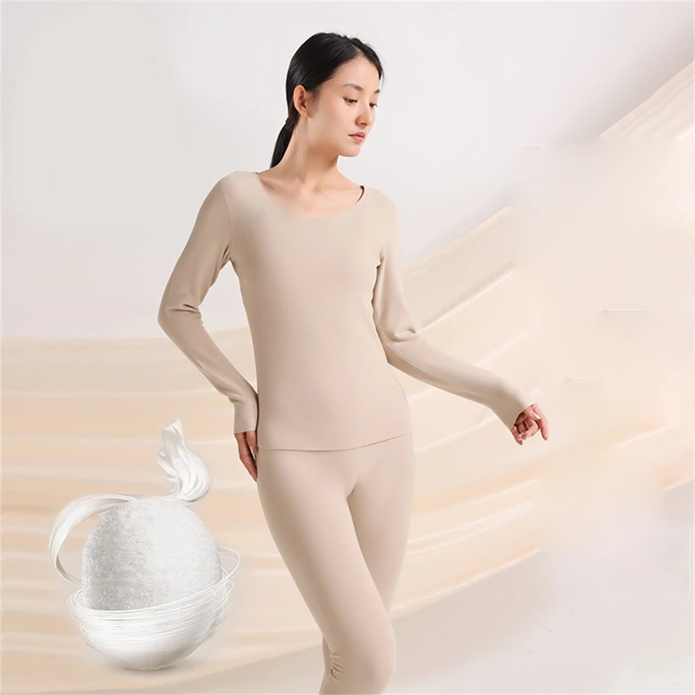 Women Seamless Thermal Underwear Suit Plus Velvet Bottoming Lingerie Slim Large Size O-Neck Long-sleeved Trousers Two-piece Set