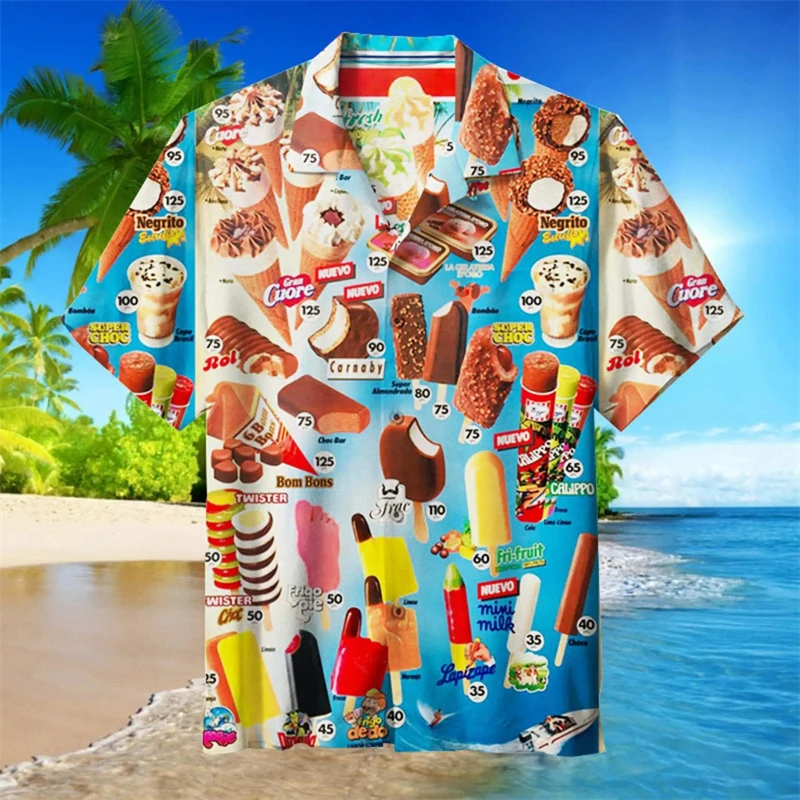 

Summer Ice-cream Men's Holiday Lapel Camisa Oversized Hawaiian Shirts 3d Print Fashion Men Women Beach Short Sleeve Blouse Tops
