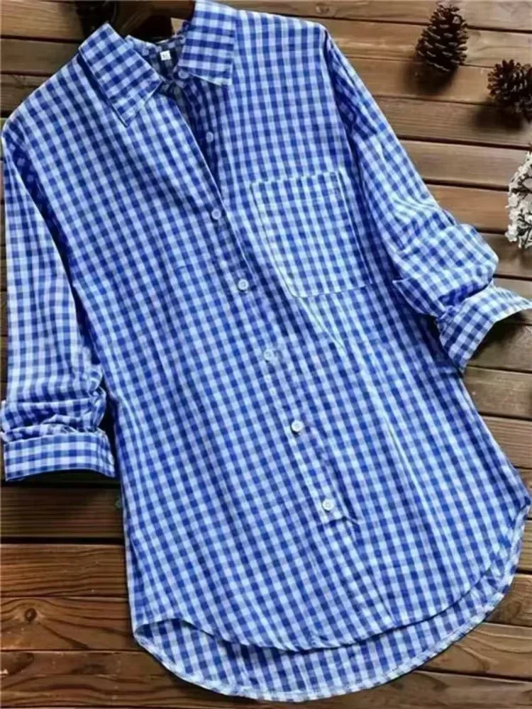 592205-018a80.jpg Plus Size Plaid Women's Cotton Linen Long Sleeves Roll Up Striped Casual V Neck Button Down Shirts Blouses Collar Tunic Tops - Image 1
