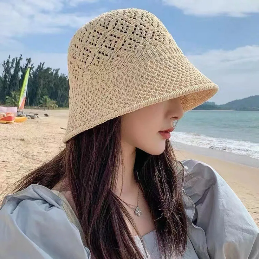 Sun Hat Fisherman's Hat Summer Knitted Hollow Paper Straw Bucket Hat Breathable Beach Cap Wide Brim