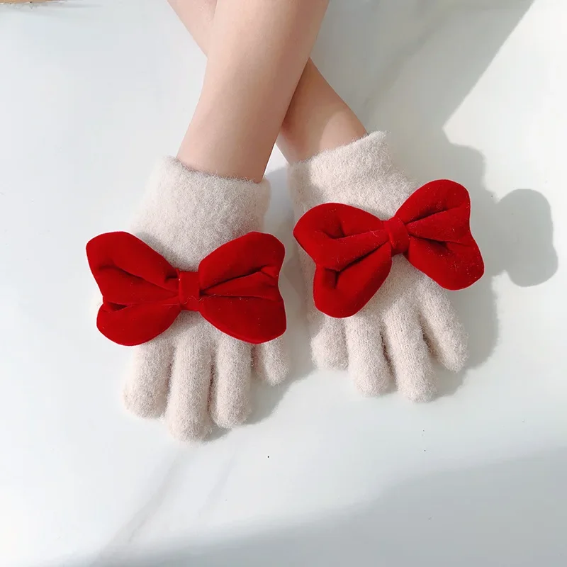 1 Pair Chic Sweet Bow Young Kids Glove Fashion Korean Warm Furry Finger Glove Cute Autumn Winter Outdoor Thicken Plush
