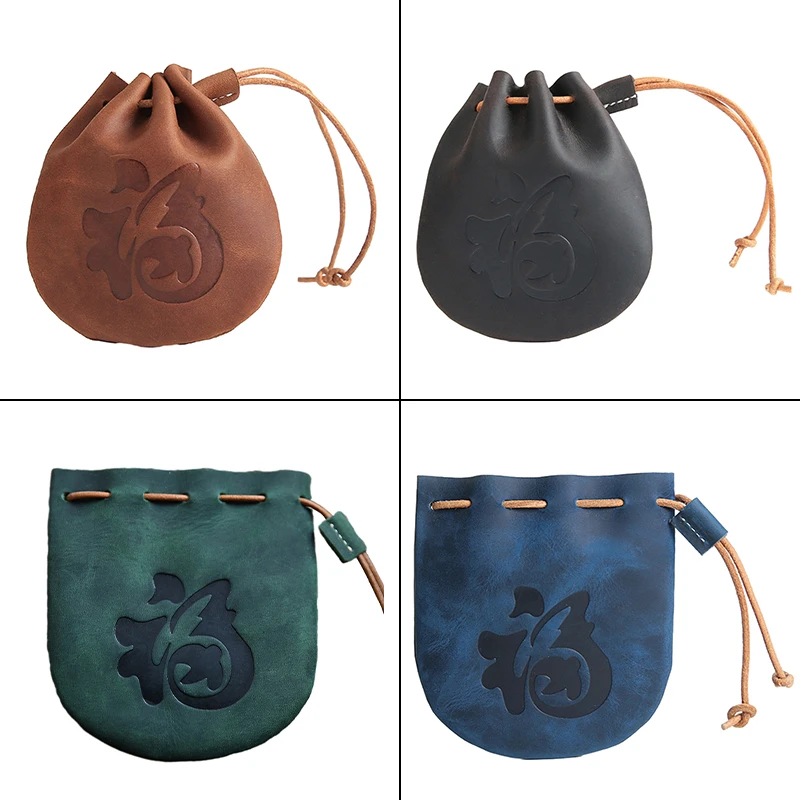 Genuine Leather Coin Purse Men Women Vintage Cowhide Leather Small Coin Wallet Money Pocket Drawstring Storage Bag