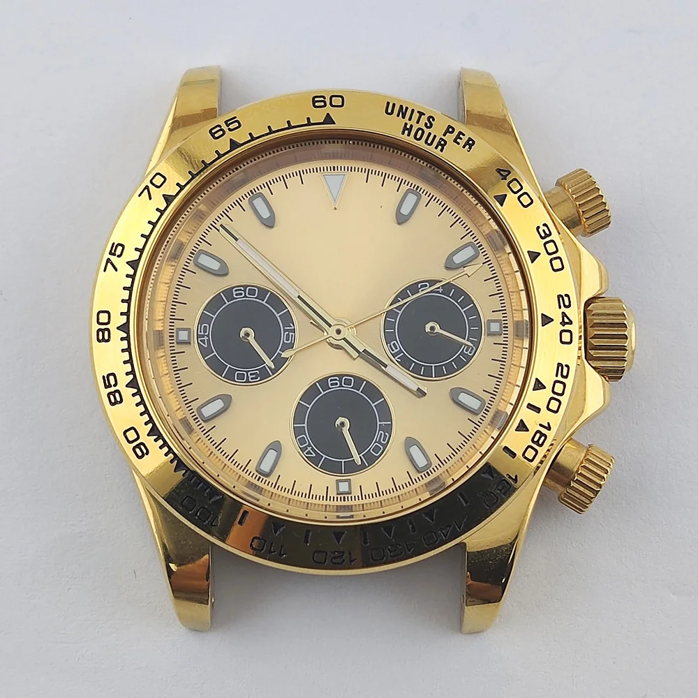 クロノグラフ　ケース　39㎜ メンズクォーツ時計ケース、クロノグラフグロー、ステンレス