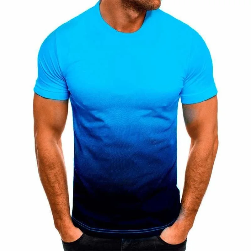 New Summer Men's Casual Loose All-match T-shirt 3D Solid Color Gradient Printing Series Tops Harajuku Round Neck Short-Sleeved