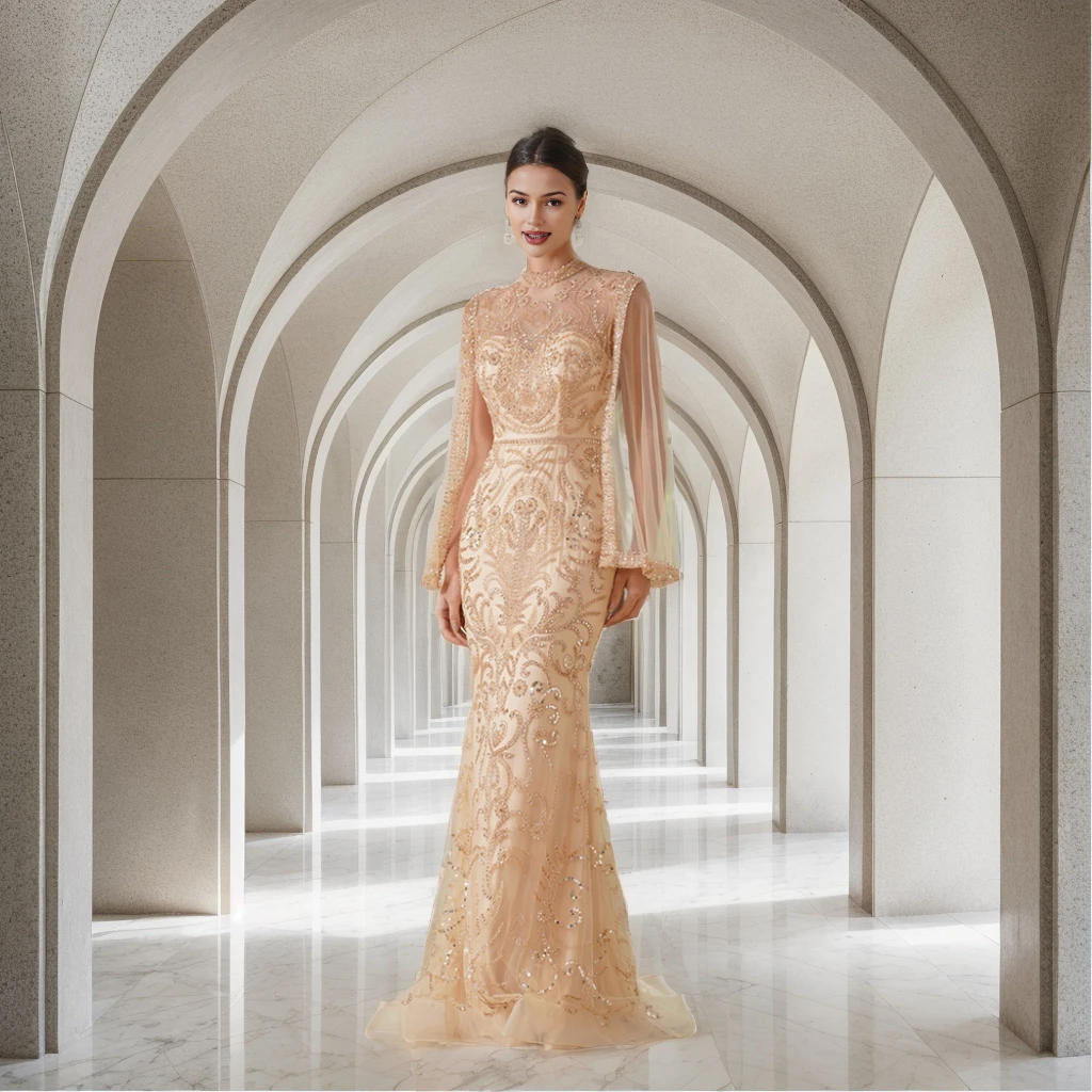 

Dubai Luxury Champagne Sequined Beaded Evening Dress Tulle Mermaid High Neck With Cape Sleeveless Formal Party Prom Gown Vestido