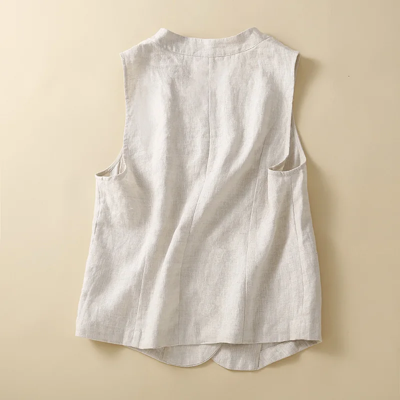Vintage Damen Weste Baumwolle Leinen Lässige Lose Weste Oberbekleidung Einreiher V-Ausschnitt Ärmellose Westen Jacken 2024 Sommer Top – Detail 5