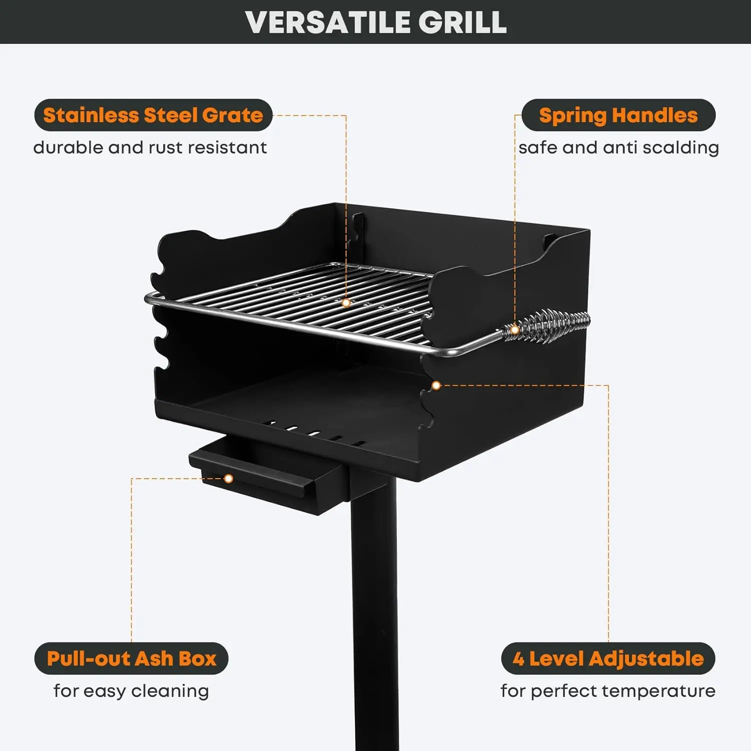 Park-Style Charcoal Grill, Heavy Duty Steel Outdoor BBQ Park Grill with Stainless Steel Cooking Grate and Post for Backyard