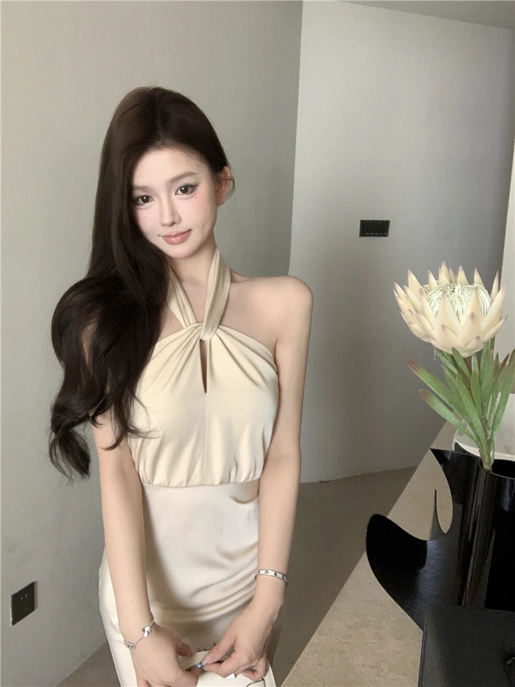 Sexy Bodycon Satin Evening Party Dress Sleeveless Halter Slim Mermaid Summer New Midi Dresses for Women Prom Vestidos Mujer