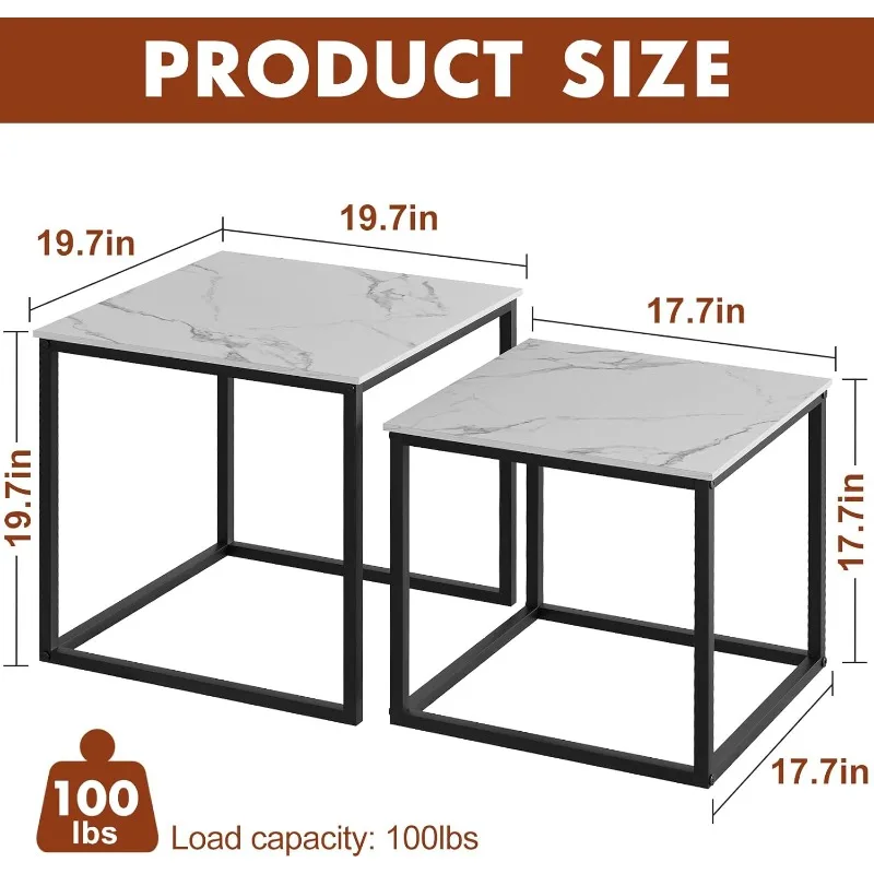 Coffee Table Set of 2, Modern Black Wooden Side Table, Metal Frame Square End Table, Center Tables,Nesting Coffee Table for 2