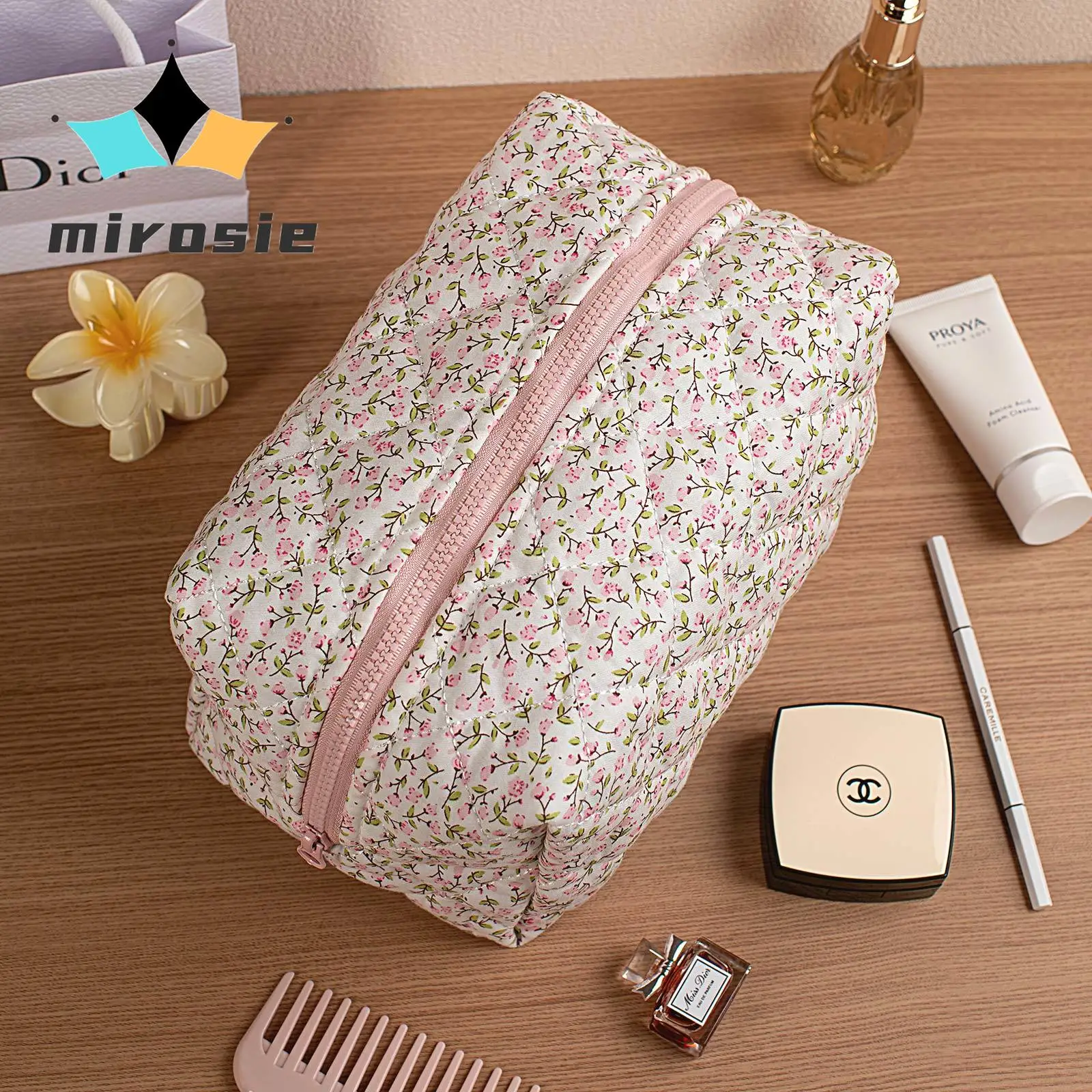 MIROSIE Pretty Pink Floral Print Makeup Bag with Zipper Portable