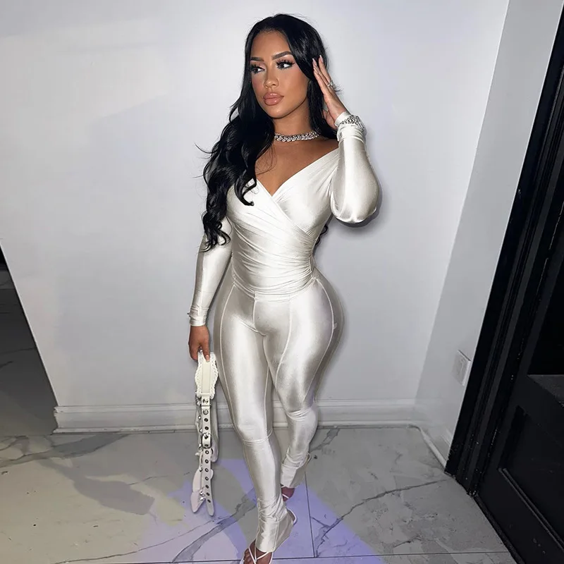 

Sexy Women Skinny Set V-neck Long Sleeve Solid Club Party Clothing Autumn Winter Fashion Lady 2 Two Piece Pants Outfits