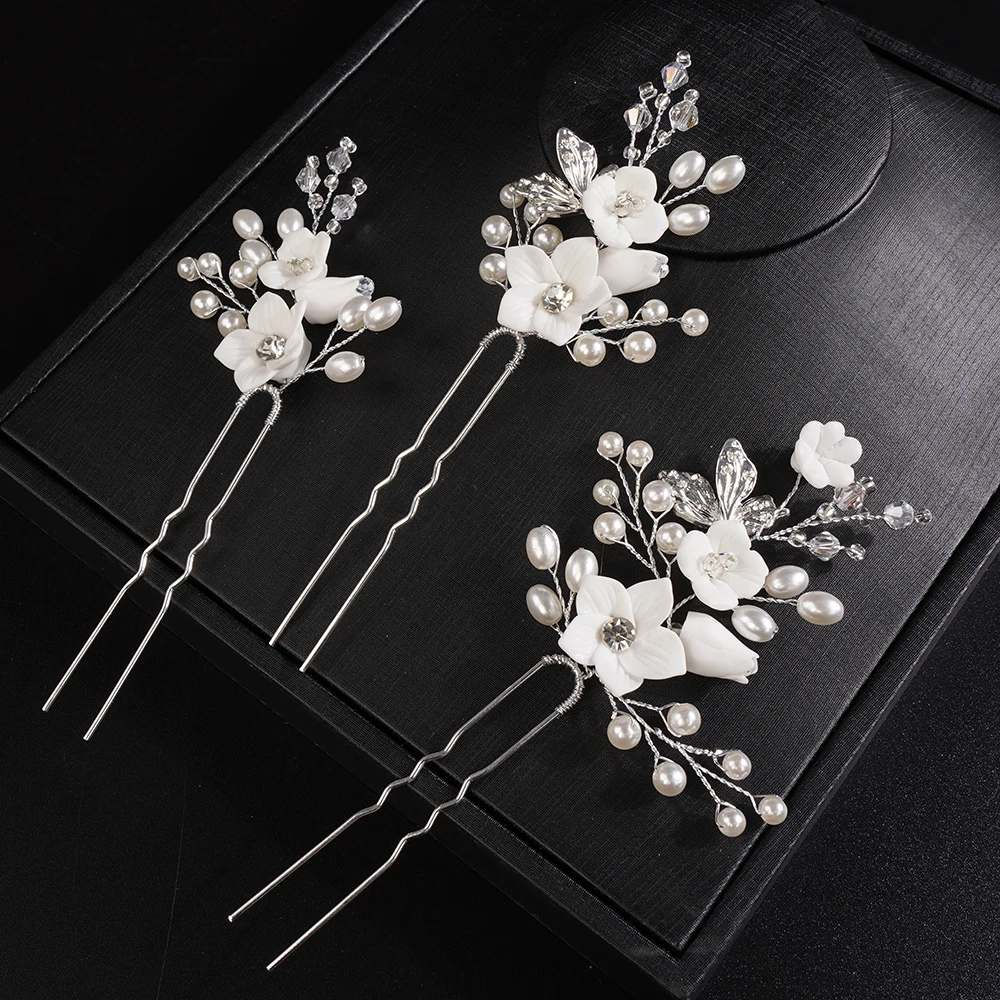 Flower Rhinestone Bridal Hairpins Earring Pearl Crystal Wedding Hair Accessories Women Head Jewelry Party Headpiece Tiaras