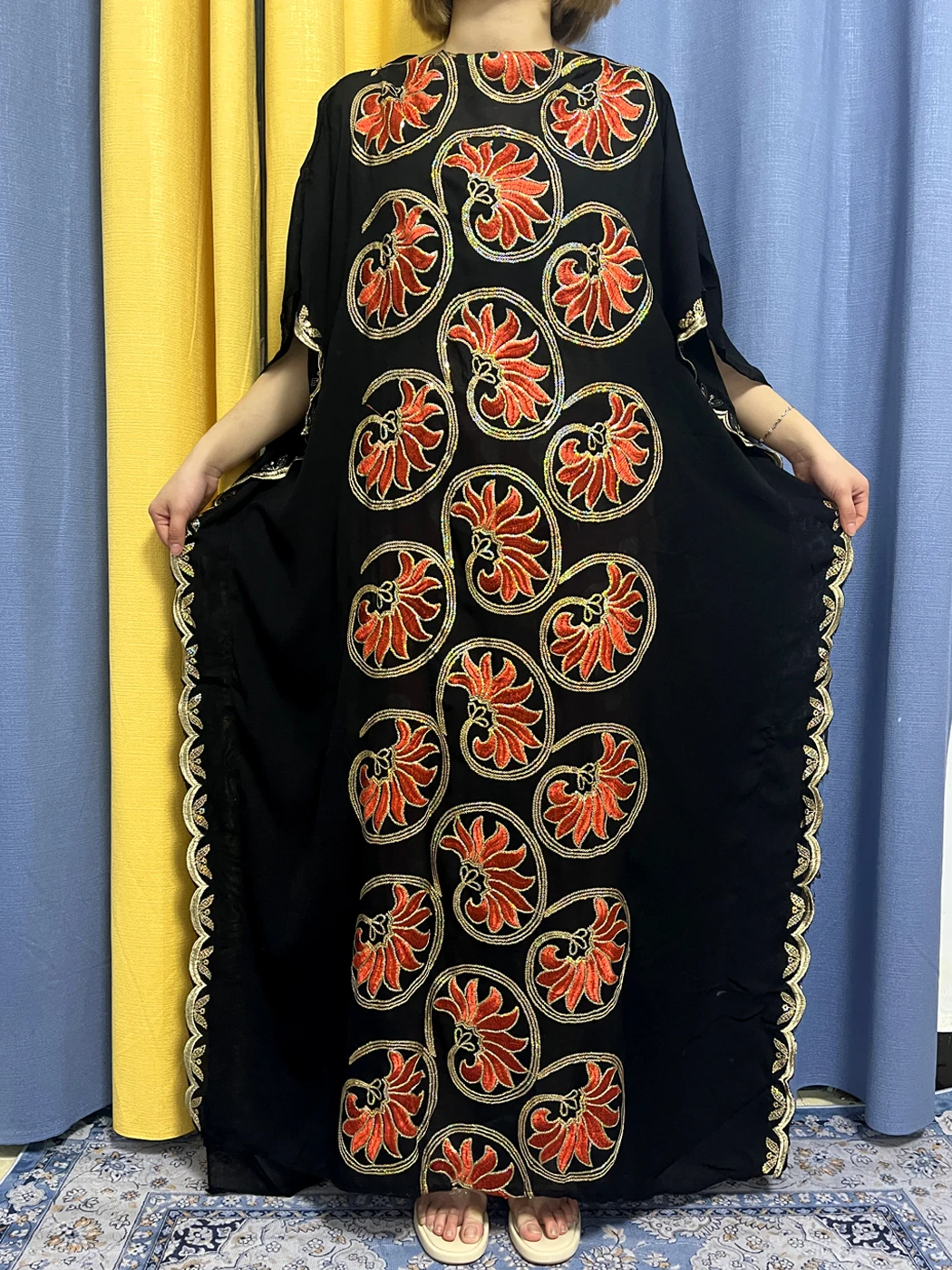 Abayas For Women Black Sequins Flower Tulle Robe Muslim Fashion African Woman Loose Dresses Turkey Islam Clothing With Turban