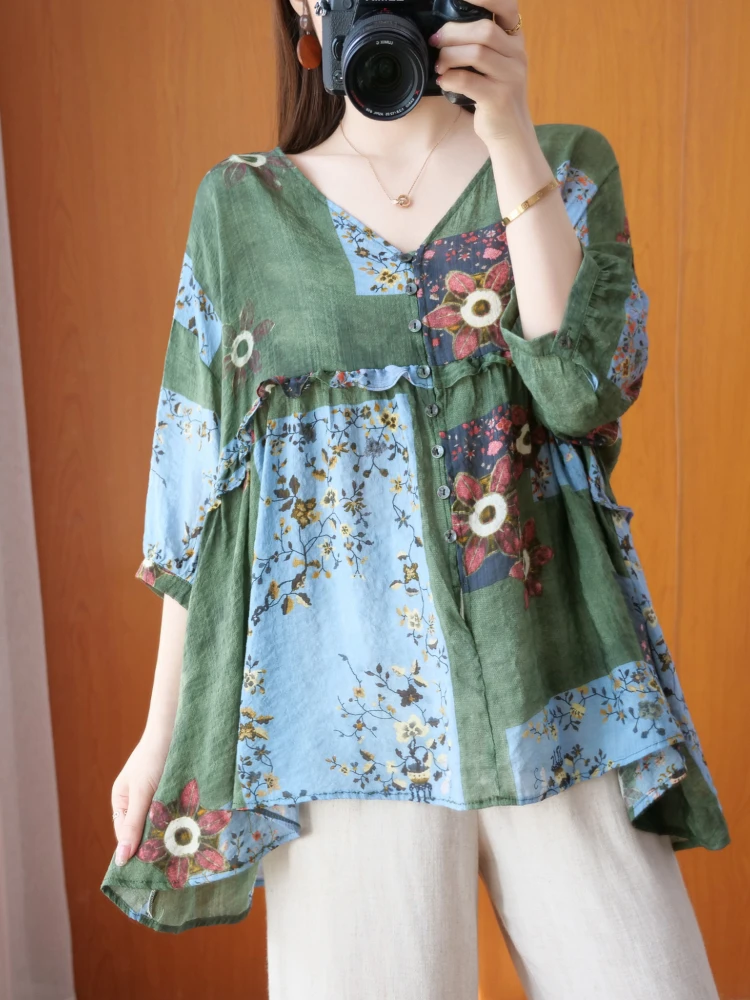 

Summer Printed V-Neck Blouse 2022 Shegifts Women Tunic New Fashion Loose Beach Shirt Female Vintage Tops Femininas Blusas Femme