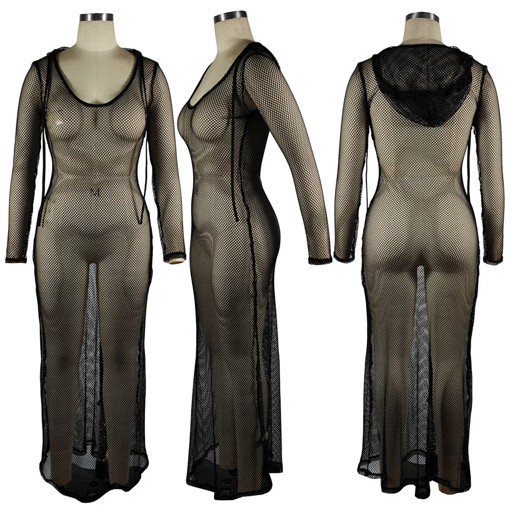 Sexy Fishnet See Through Beach Dress Women Mesh Hollow Out Beach Cover Up Long Sleeve Hooded Dress Seaside Lady Beach Vestidos