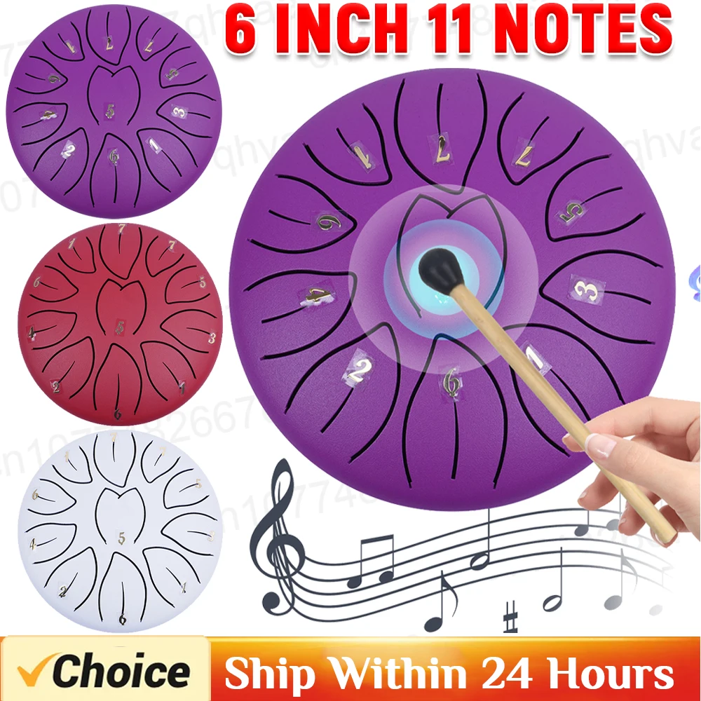 6 Inch 11-Tone Steel Tongue Drum Mini Hand Pan Drums with Drumsticks Percussion Musical Instruments Drum Accessories
