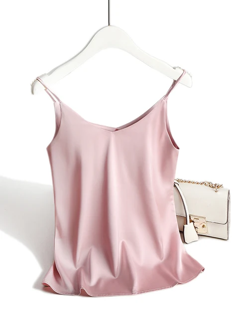 Spaghetti Strap Top Women Halter V Neck Basic White Cami Sleeveless Satin Silk Tank Tops Women'S Summer 2022 Camisole Pink