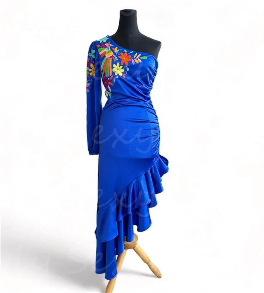 

Asymmetrical Royal Blue Prom Dresses With Embroidery Sexy One Shoulder Short Evening Dress Elegant Night Cocktail Party Gown