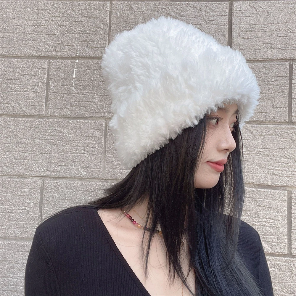 

New Solid Color Furry Beanies Hat Winter Warm Knitted Cap for Women Korean Fluffy Windproof Bucket Hats Bonnet Headwear Outdoor