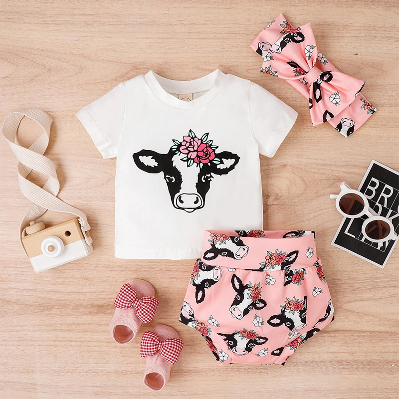 

Toddler Girl Summer Outfit Cow Head Print Short Sleeve T-Shirts Tops Shorts Headband 3Pcs Clothes Set