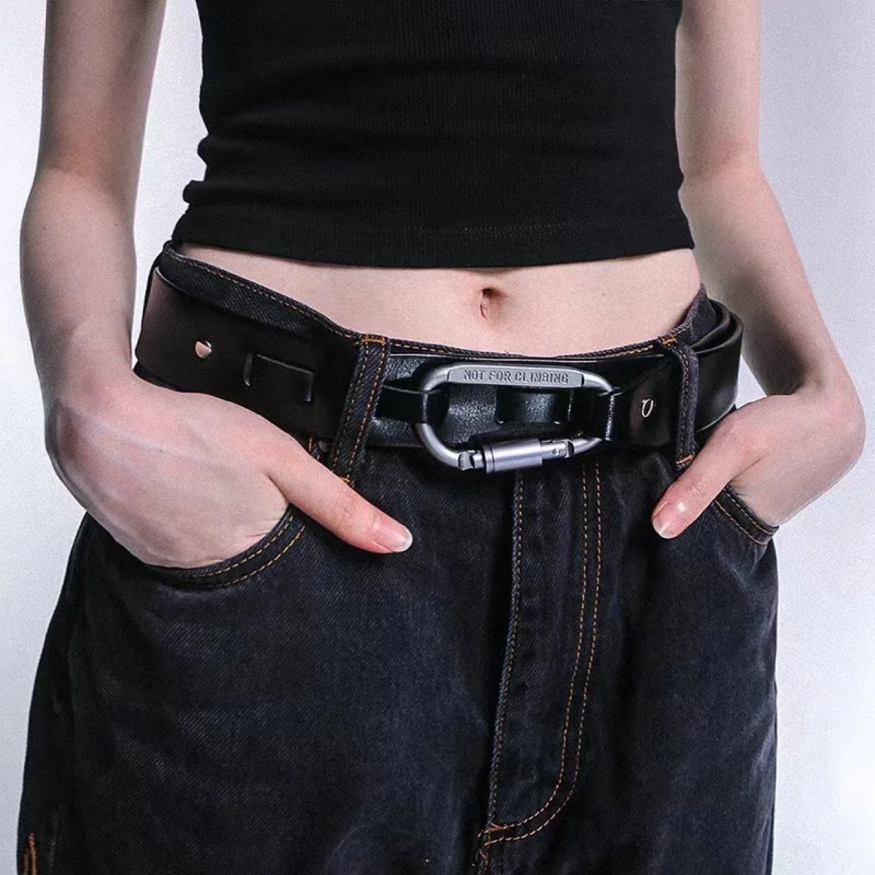 Punk Metal Carabiner Split Leather Belt For Coat Jeans Dress