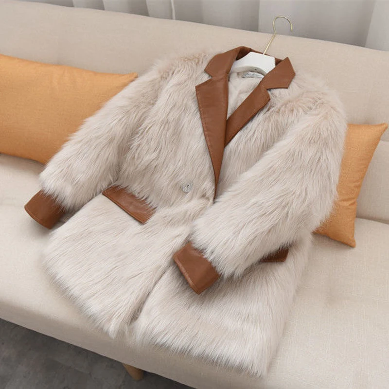Winter Coat Women Korean Style Leather Patchwork Faux Fox  Fur Jacket Thick Office Lady V-Neck Midi-Length Fluffy Outwear Loose