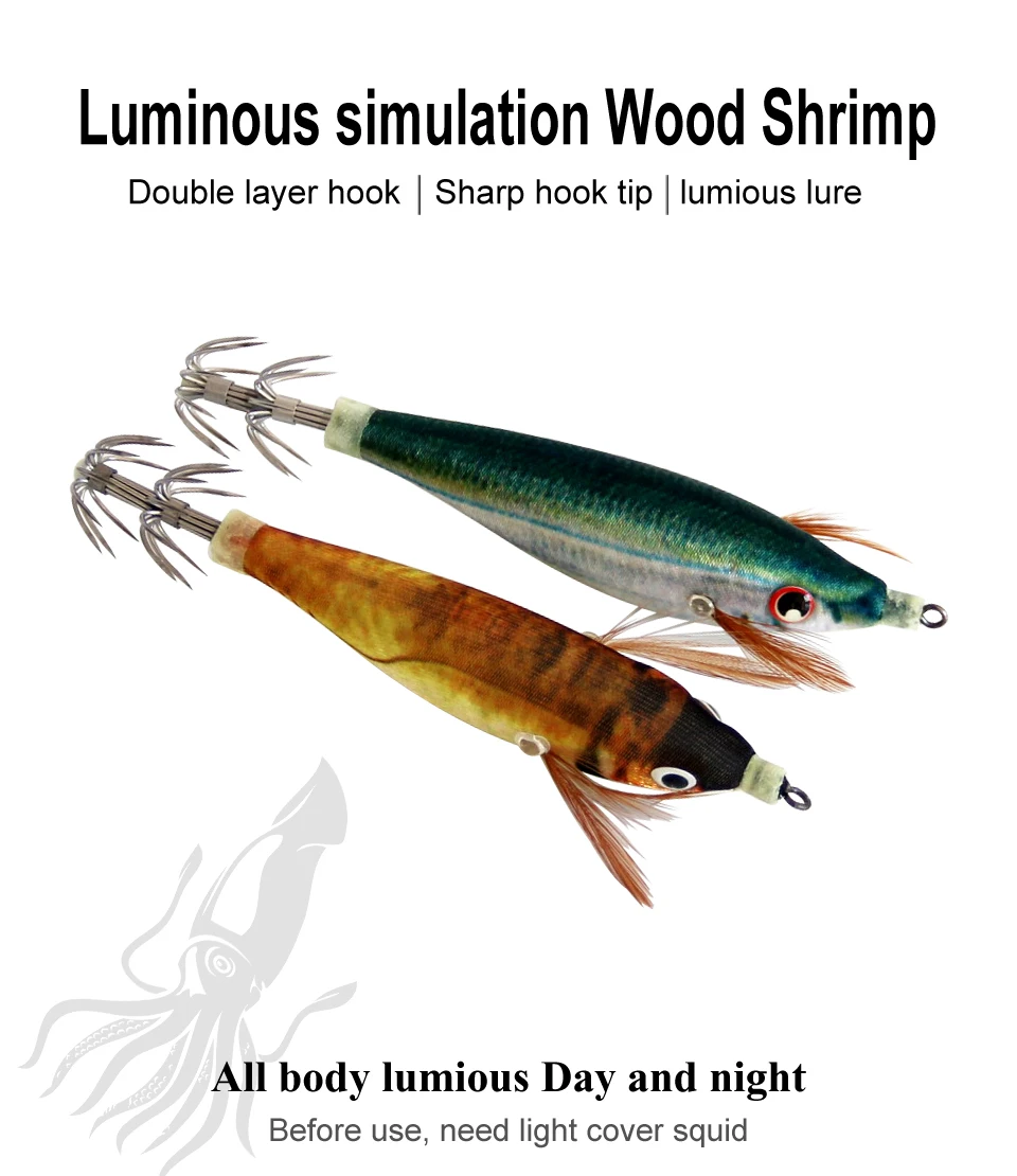 2 stücke Tintenfisch Jig Haken Angeln Locken Leucht 10 cm 9g Künstliche Gefälschte Octopus Lockt Holz Garnelen Tintenfisch harten Köder Meer Jigs Tackle – Detail 1
