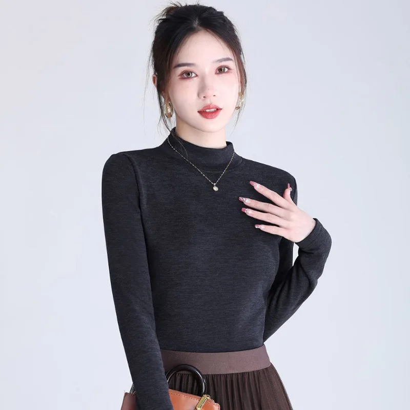 

Soft Long Sleeved Warm T-Shirt 2024 Spring And Autumn Season New Product Women Velvet Warm Solid Color High Quality Bottom Shirt