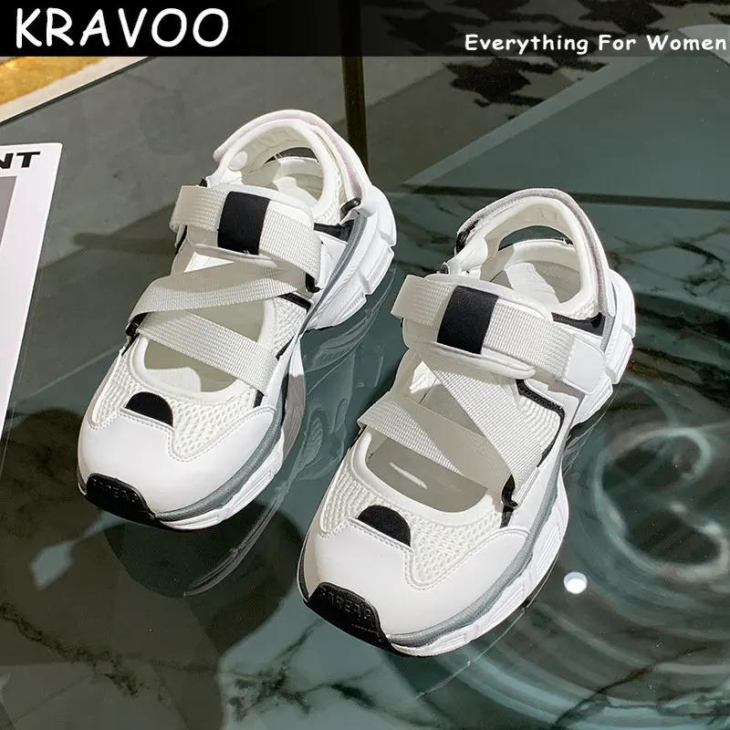 

KRAVOO Shoes for Women Hook and Loop Sports Sandals Hollow Sneakers Women's Slippers Mesh Platform Women's Casual Sandal Summer