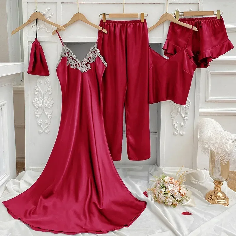 

Комплект женской одежды, Свадебный шелковый халат для невесты, белая женская одежда для сна из 5 предметов, халат, рубашка, пижама