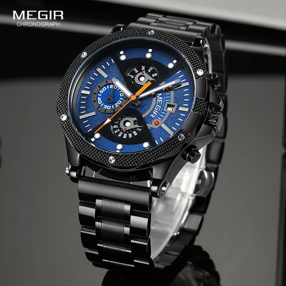 Megir-relógio de Pulso em Masculino com Data Cronógrafo Ponteiros Luminosos Banda Sobressalente Livre Quartzo Analógico Preto Fashion 2216 Aço Inoxidável - Image 2