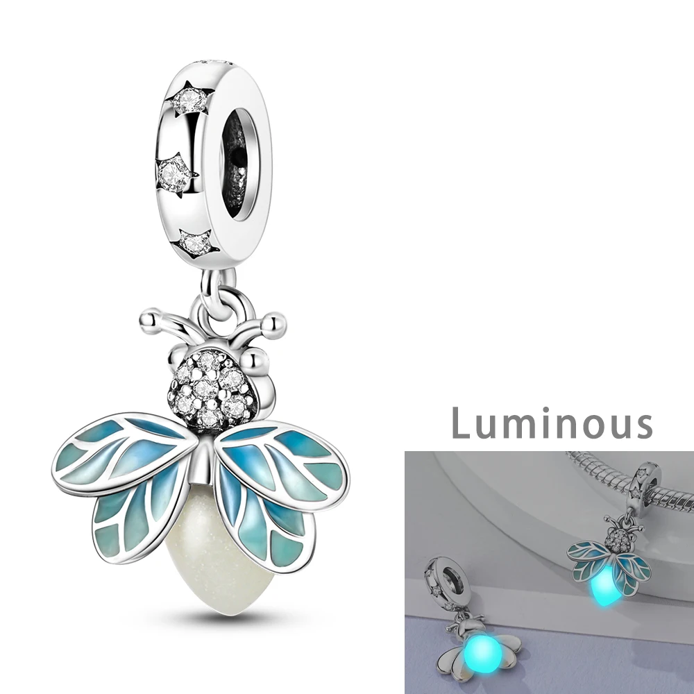 Silver Plated Glowing Luminous Firefly Charms Fit Original Pandora Charm Beads Pendent Dangle Bracelet DIY Women Jewelry Gift